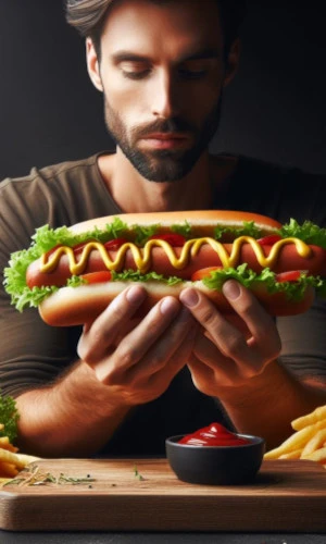 Men eat hotdog